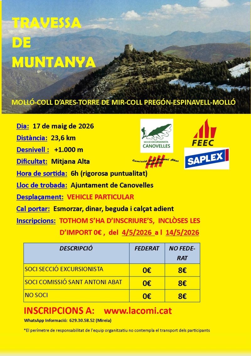 TRAVESSA DE MUNTANYA (MOLLÓ-COLL D'ARES-TORRE DE MIR-COLL PREGÓN-ESPINAVELL-MOLLÓ) - Inscriu-te