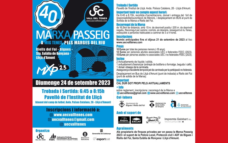 40A. MARXA PASSEIG “A MIG TENES, PELS MARGES DEL RIU” 2023 - Inscriu-te 40A. MARXA PASSEIG “A MIG TENES, PELS MARGES DEL RIU” 2023 - Inscriu-te